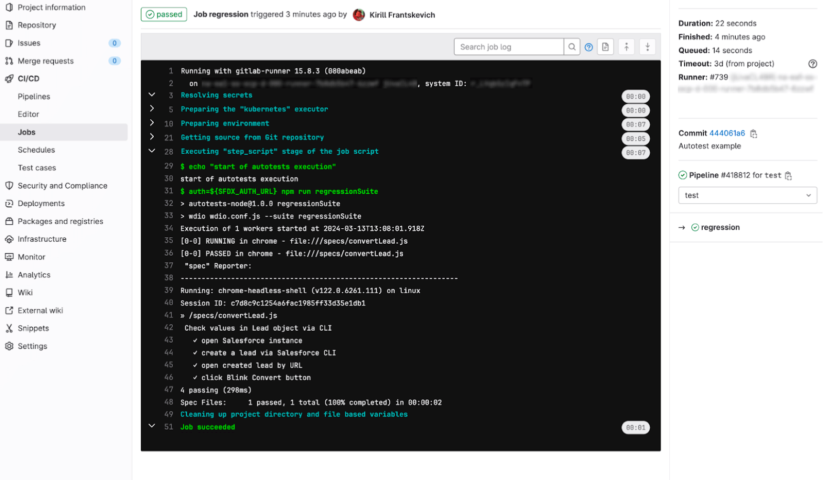 Execution report of automated tests in Gitlab